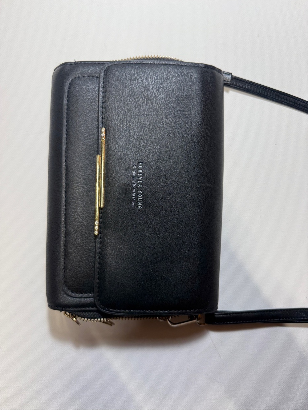 Forever Young Black Leatherette Crossbody Wallet with Gold Accent
